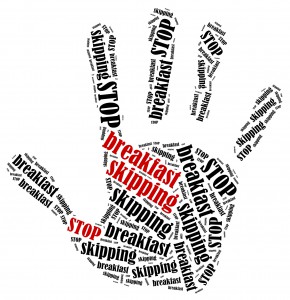 Stop breakfast skipping. Word cloud illustration in shape of hand print showing protest.